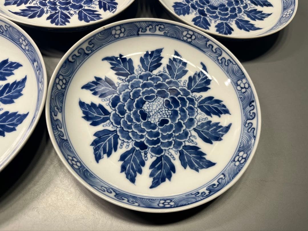 古伊万里　牡丹　染付皿　五枚　上がり良好！