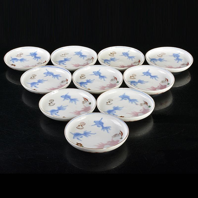 瀬戸焼　古瀬戸　染付桃釉　金魚文　手塩皿　十客　C　R7355
