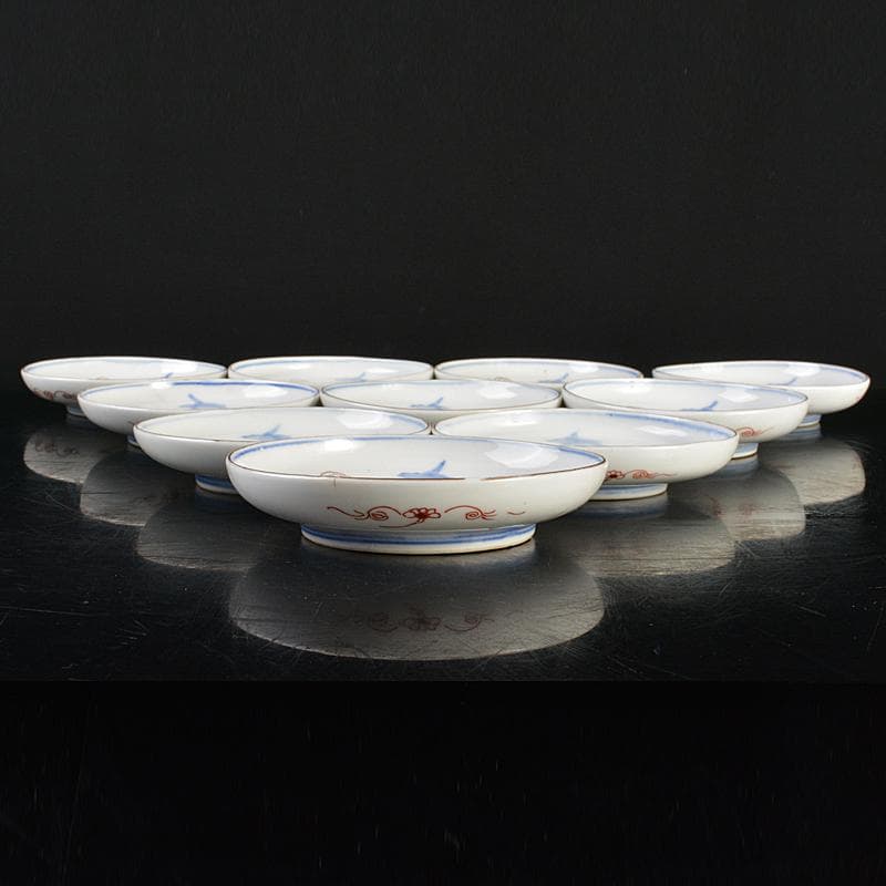 瀬戸焼　古瀬戸　染付桃釉　金魚文　手塩皿　十客　C　R7355