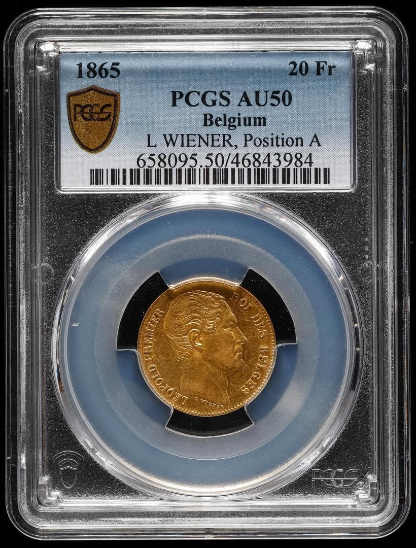 PCGS-AU50 ベルギー王国 20フラン 1865 レオポルド１世 金貨