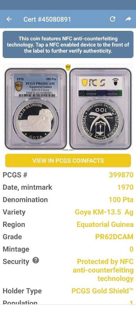 1970年 赤道ギニア銀貨 100ペセタ ゴヤ銀貨 PCGS PR62 DCAM