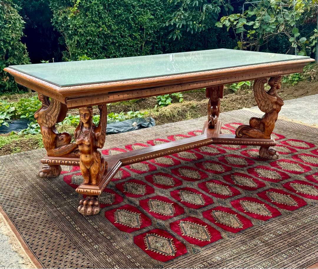 女神彫刻×ライオン脚 高級ダイニングテーブル 幅192cm アンティーク調