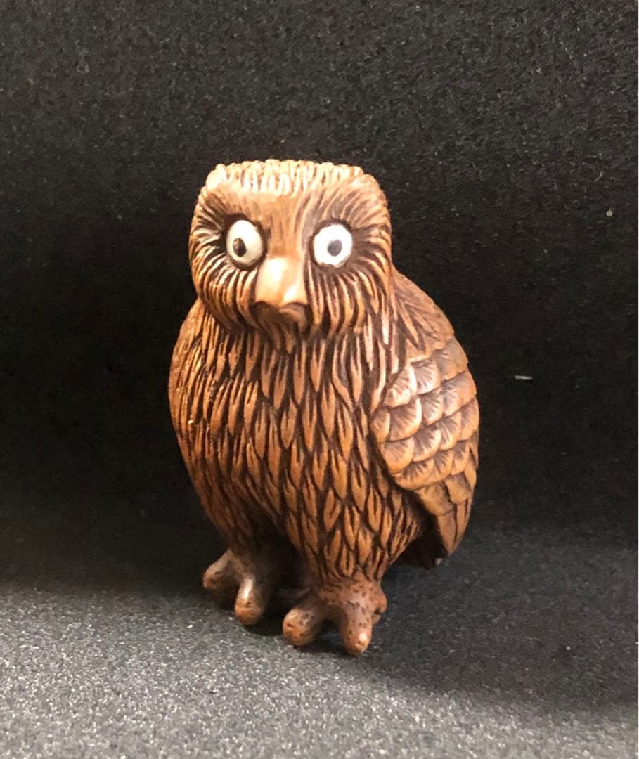 明治時代　木製　木彫　梟　根付　提げ物　骨董アンティーク　在銘