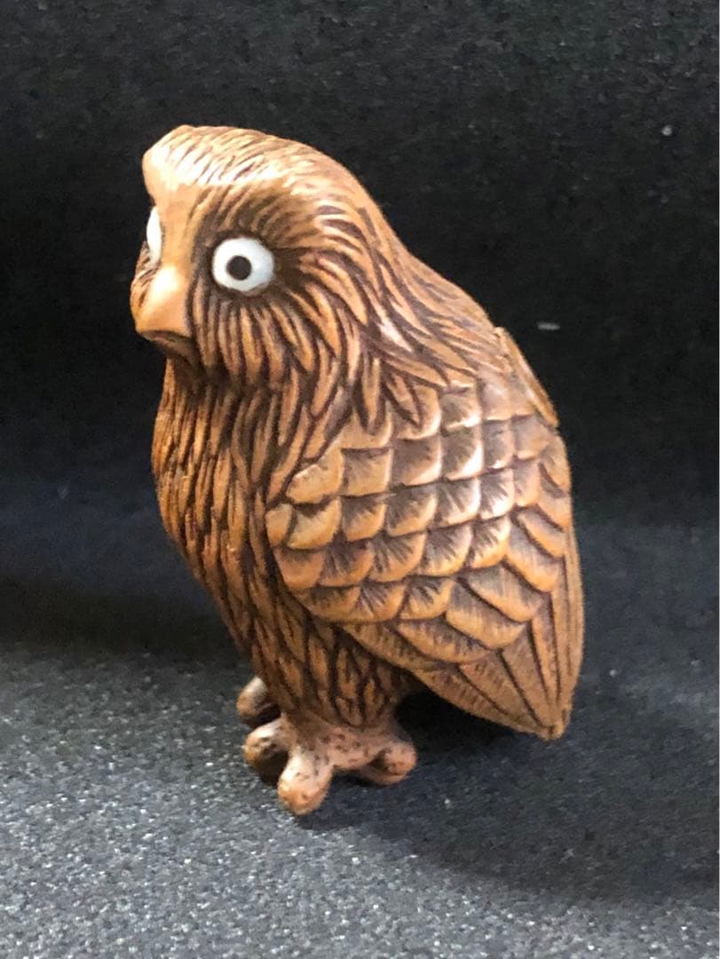 明治時代　木製　木彫　梟　根付　提げ物　骨董アンティーク　在銘