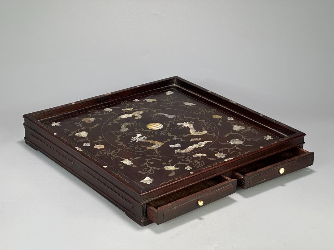 中国美術　清時代 花梨木　螺鈿嵌　双龍文　茶盤　引き出し付　書斎道具　李朝螺鈿