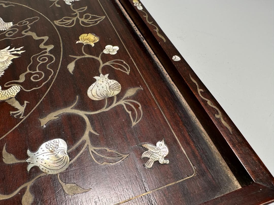 中国美術　清時代 花梨木　螺鈿嵌　双龍文　茶盤　引き出し付　書斎道具　李朝螺鈿