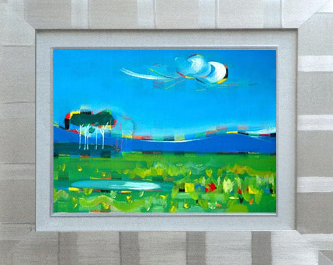 油絵 菅家令子 絵 絵画インテリア額付(銀) 油絵 F4-080111 風景草原