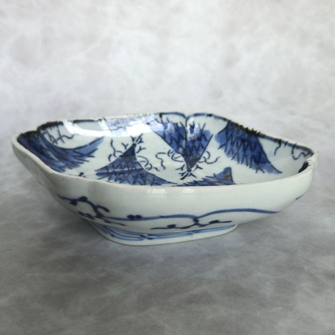 無傷完品　古伊万里　染付　変形皿　江戸時代　型紙摺　印判　骨董　金継ぎ