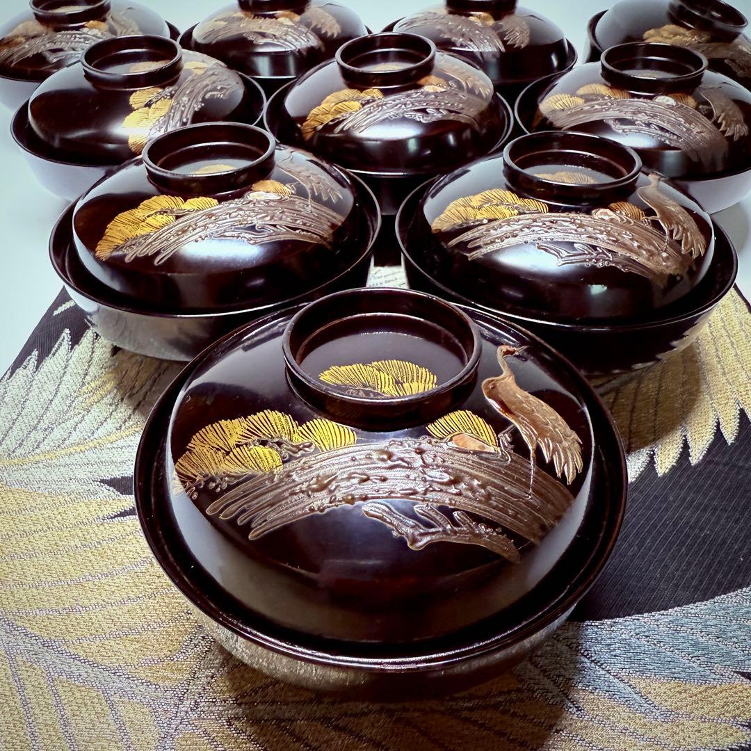 漆器　輪島塗　沈金　螺鈿　松鶴文　木製　蓋付椀　お煮物椀　吸物椀　10客　骨董