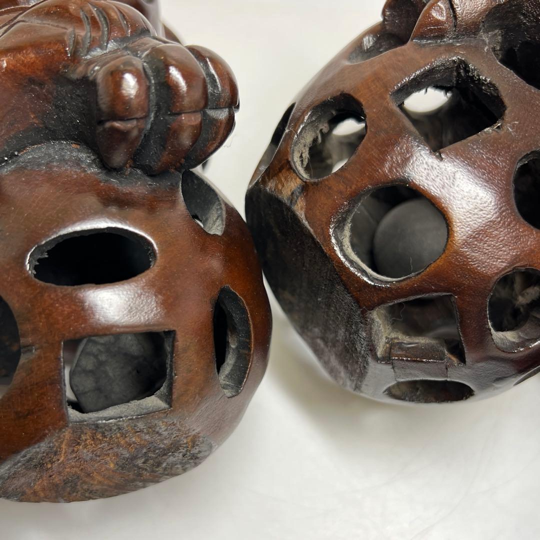 木彫 大振獅子 一対 1757g 東キ7-1218①