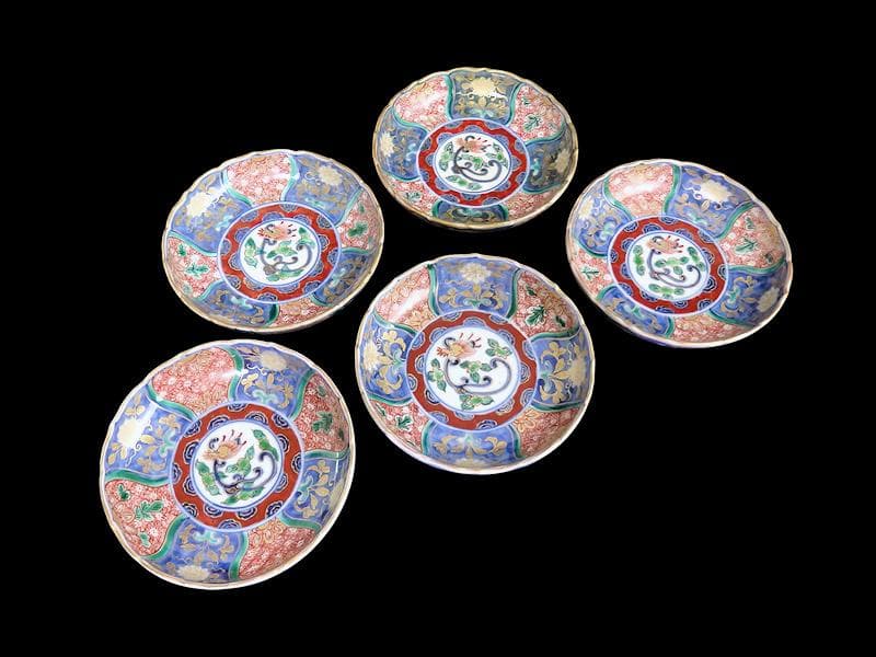 古伊万里　金襴手　団龍紋に花の図　４寸皿　５枚　307AS-fbuu