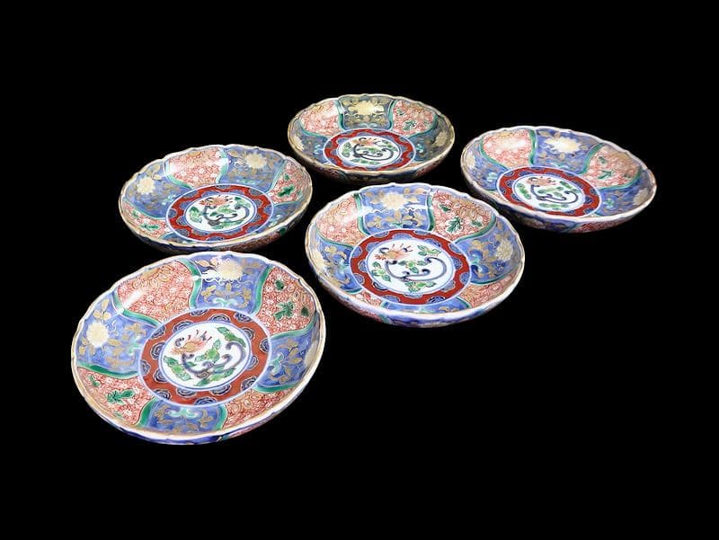 古伊万里　金襴手　団龍紋に花の図　４寸皿　５枚　307AS-fbuu