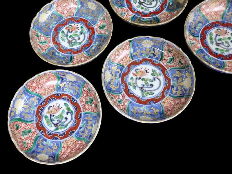 古伊万里　金襴手　団龍紋に花の図　４寸皿　５枚　307AS-fbuu