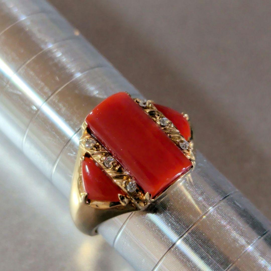 リング　K18　YG　珊瑚　ダイヤモンド計0.04ct　三越　5.53g