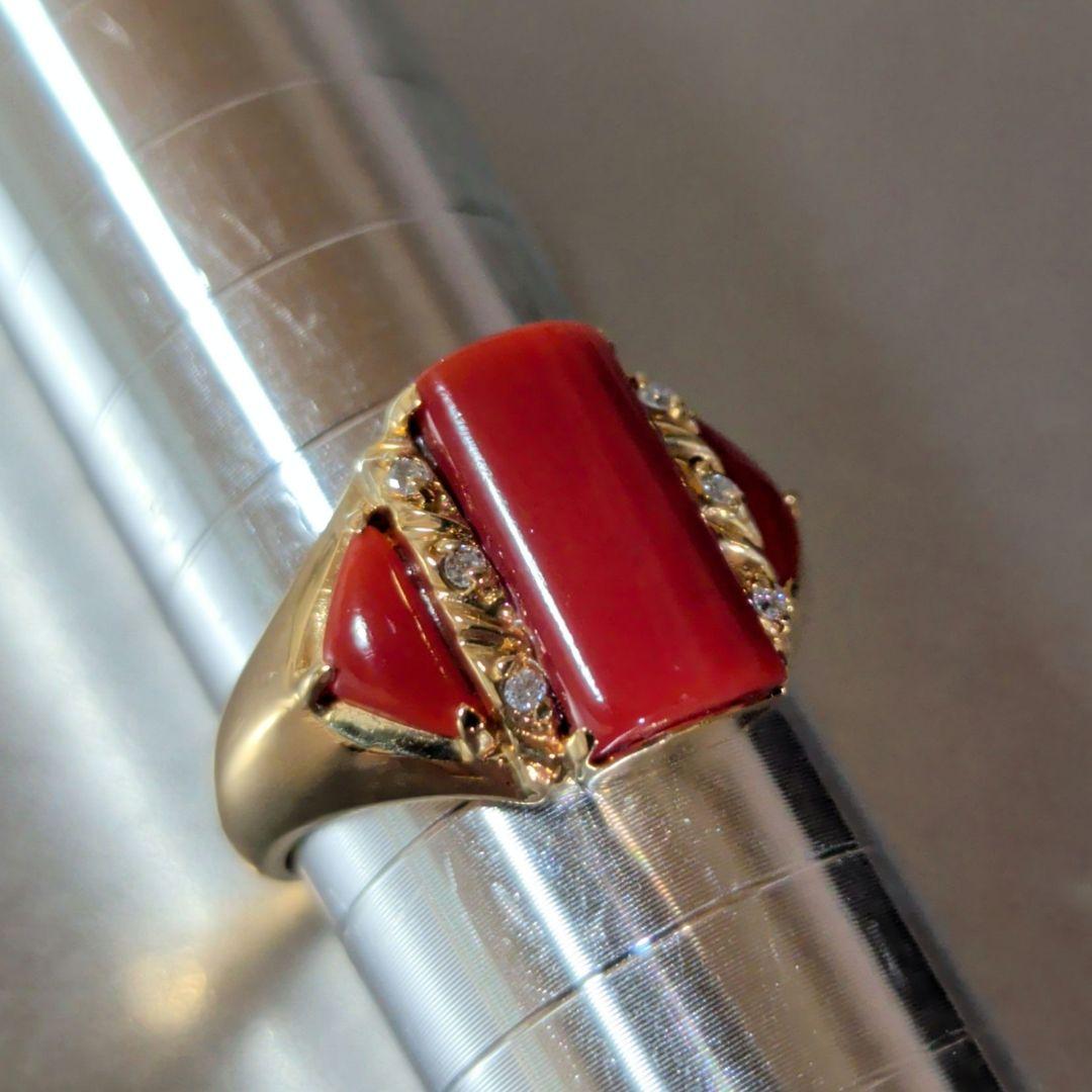 リング　K18　YG　珊瑚　ダイヤモンド計0.04ct　三越　5.53g