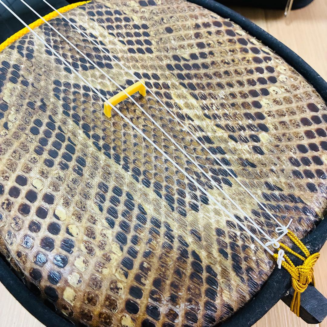 沖縄三線　本皮　蛇皮　強化張り ソフトケース付　初心者　三味線　黒塗