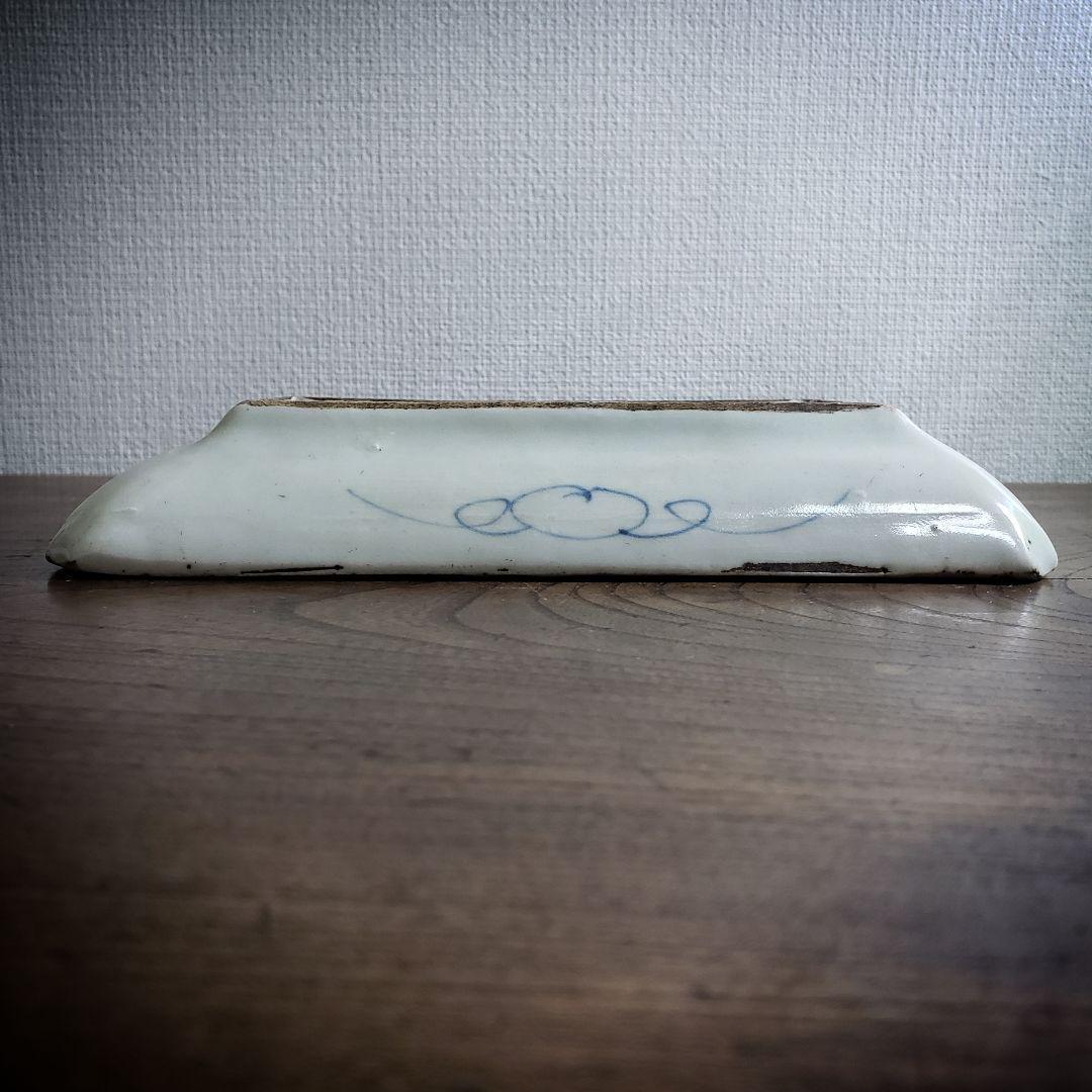 古伊万里 染付松竹梅図長皿 牡丹唐草 花唐草 鮎皿 江戸後期 厚手 訳あり