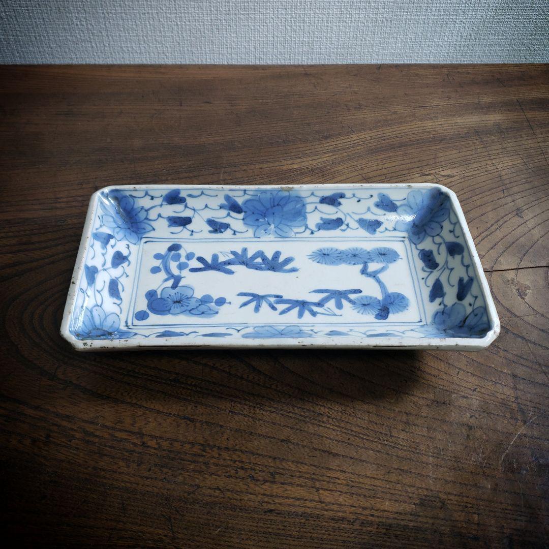 古伊万里 染付松竹梅図長皿 牡丹唐草 花唐草 鮎皿 江戸後期 厚手 訳あり
