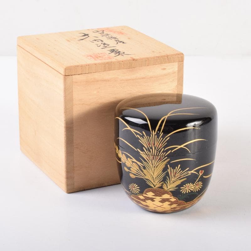 おんちゃん茶道具　大内塗　岡田忠亮作　金蒔絵花文　棗　共箱　V　7021