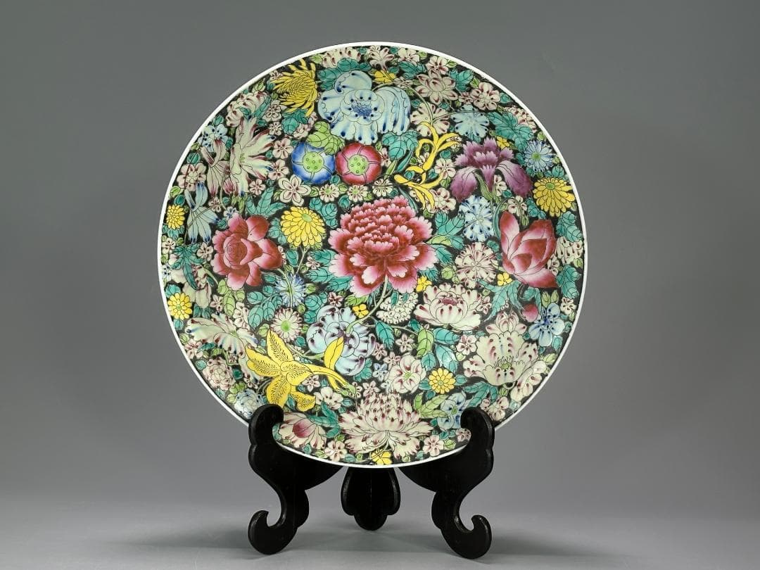 中国美術　景徳鎮製　粉彩百花不落地大盤　粉彩皿　時代　唐物