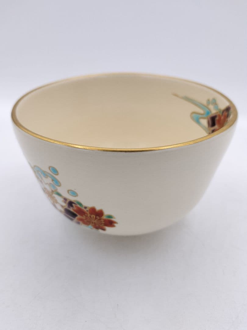 c165【未使用】茶碗 色絵 花筏 杣山焼 南口閑粋 木箱 茶道具 NI12