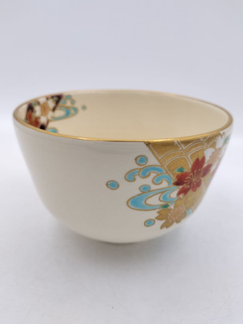 c165【未使用】茶碗 色絵 花筏 杣山焼 南口閑粋 木箱 茶道具 NI12