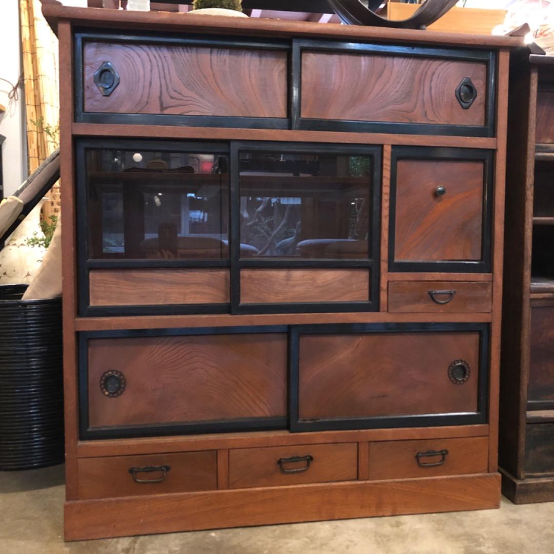 昭和アンティーク　茶棚　飾り棚　木製引き出し　ガラス戸付き　収納棚　茶箪笥　棚