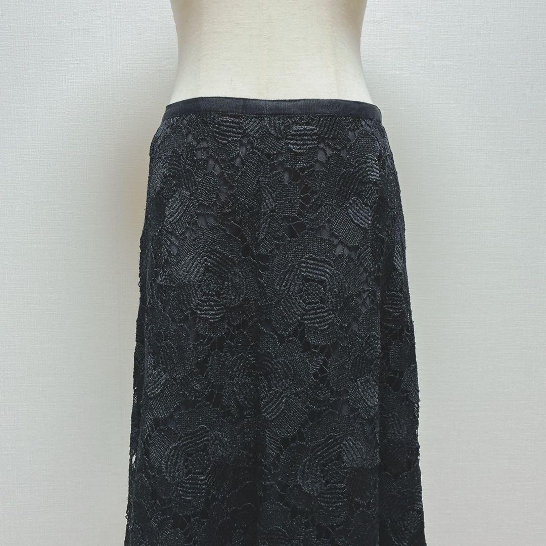 美品　エポカ　フラワー　ケミカルレース　フレアスカート　ミディ丈　日本製　黒　M