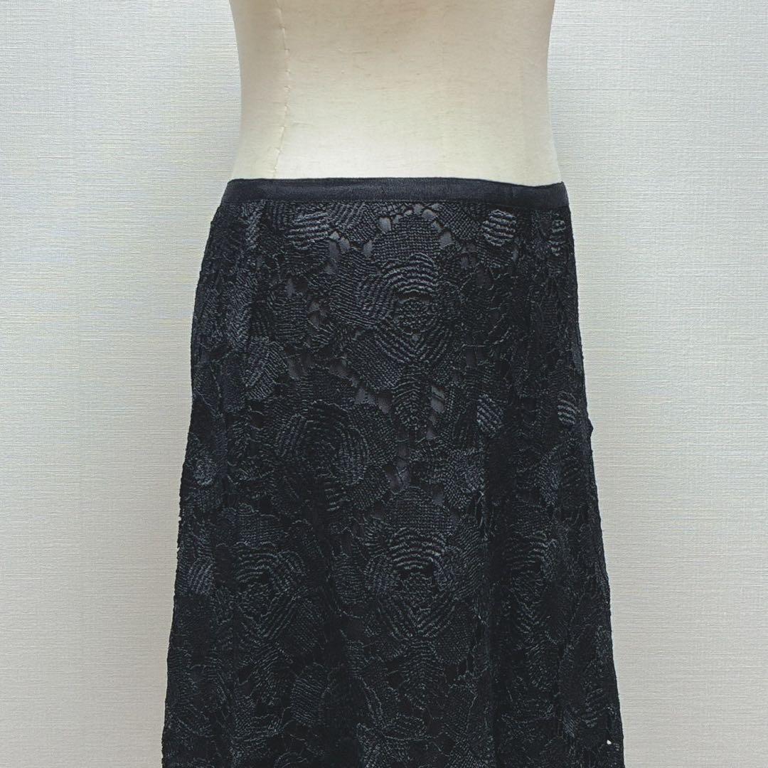 美品　エポカ　フラワー　ケミカルレース　フレアスカート　ミディ丈　日本製　黒　M