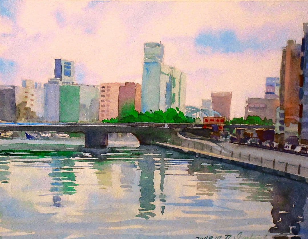 横浜大岡川付近(水彩画)