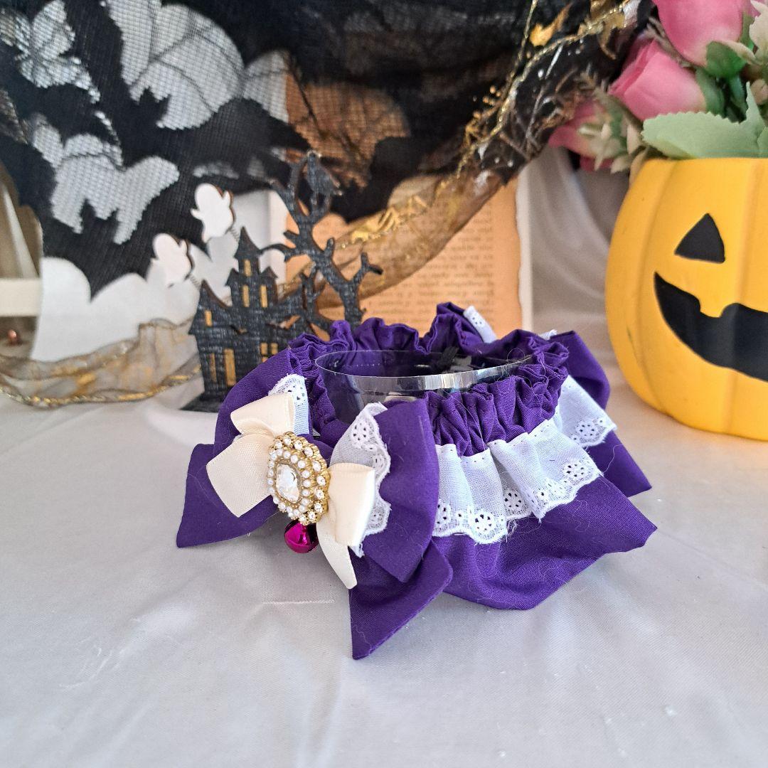 幅広シュシュ、ハロウィン(パープル白レース)わんちゃん猫ちゃん用
