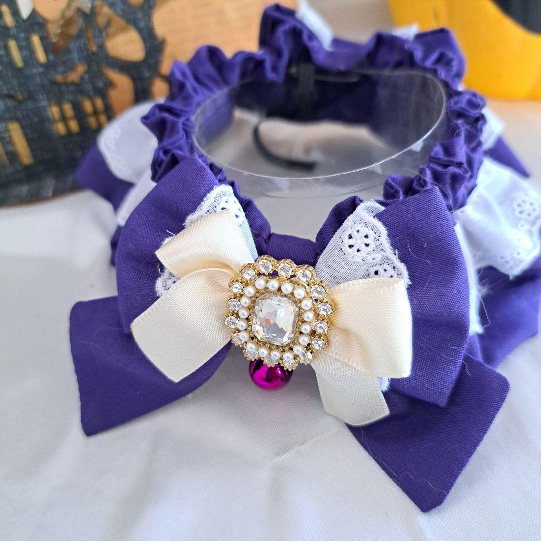 幅広シュシュ、ハロウィン(パープル白レース)わんちゃん猫ちゃん用