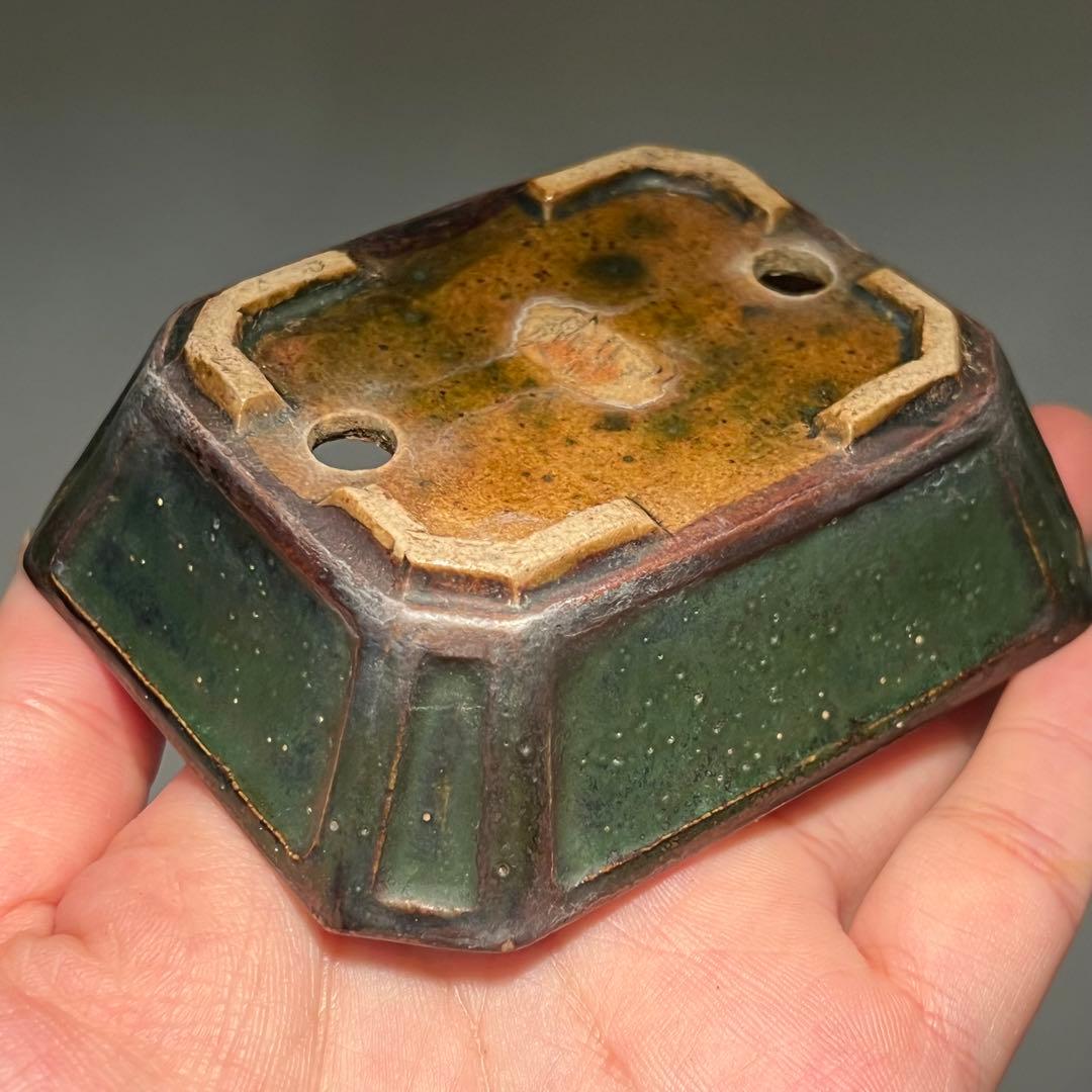 802.夢陶 緑釉额入切角長方 盆栽鉢 植木鉢 9.5*7.8*3cm