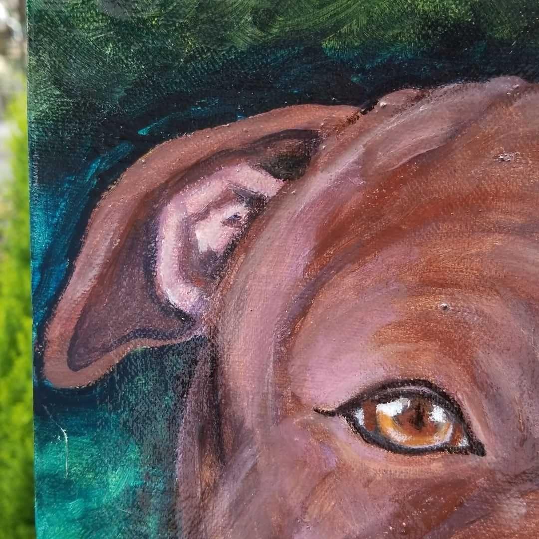 油絵　専用　窓からパパを見送る犬