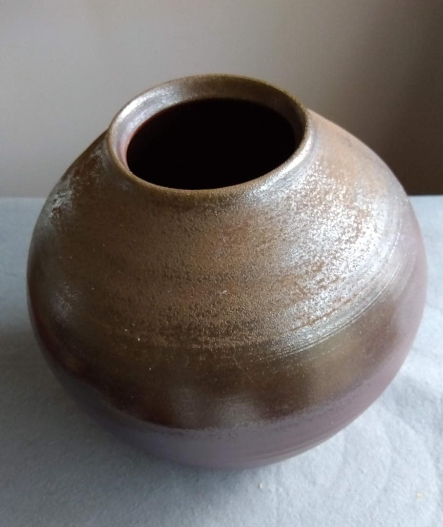 備前焼名工　幸崎達彦　落雁窯　還元焼成自然灰釉美逸品丸壺花器