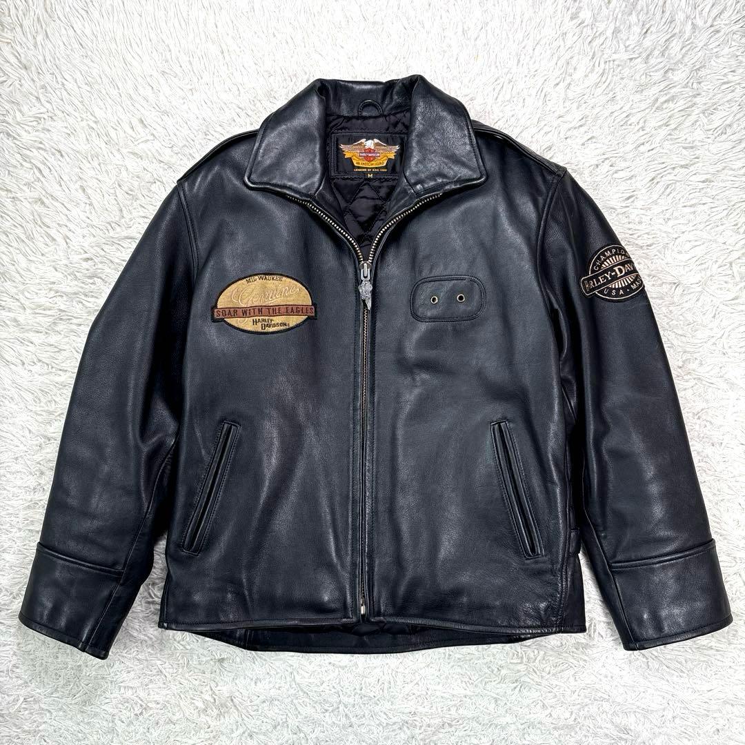 ハーレーダビットソン　レザージャケット　シングル　ライダース　ワッペン　刺繍　黒