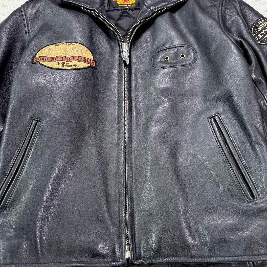 ハーレーダビットソン　レザージャケット　シングル　ライダース　ワッペン　刺繍　黒
