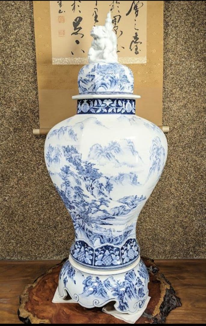 未使用　有田焼　沈香壺　染付　神右衛門作　総手描　特大八角壺　山水絵 三段飾り壷