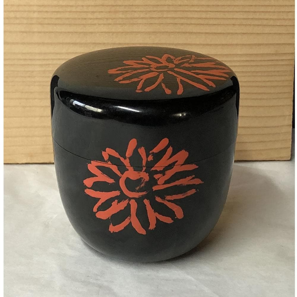 e2978 山本象石 鷲山塗 黒 中棗 箱無し 菊の絵 棗 木製 黒棗 茶道具