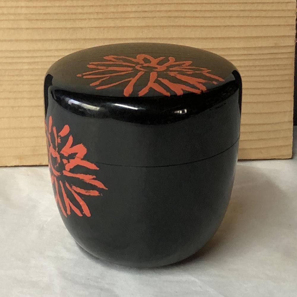 e2978 山本象石 鷲山塗 黒 中棗 箱無し 菊の絵 棗 木製 黒棗 茶道具