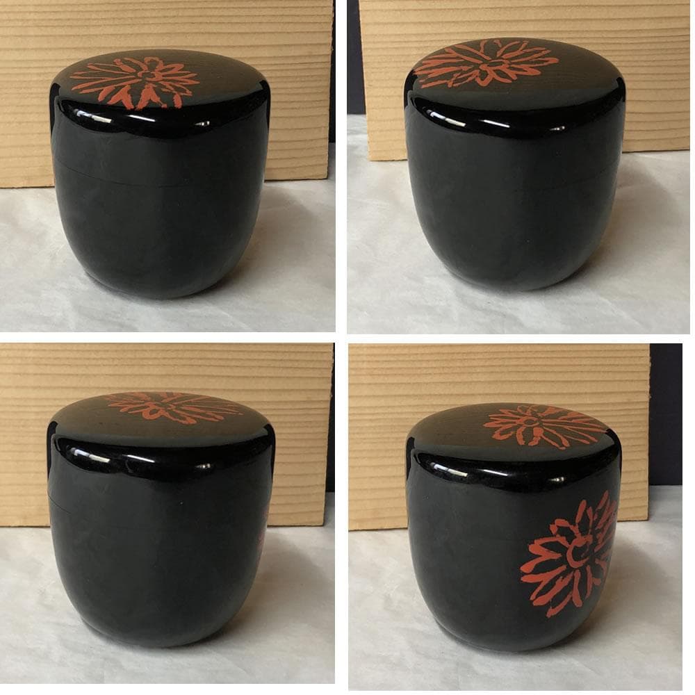 e2978 山本象石 鷲山塗 黒 中棗 箱無し 菊の絵 棗 木製 黒棗 茶道具