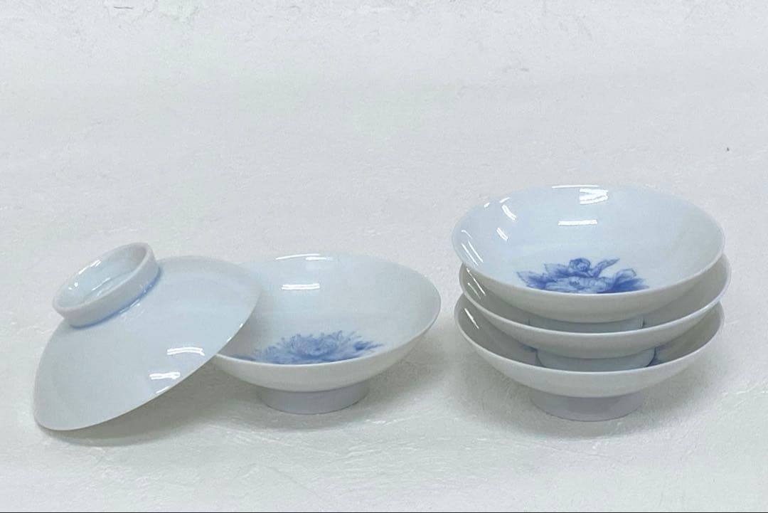 九谷焼 山本長左 染付絵変草花 平盃 盃 酒器 5枚 食器