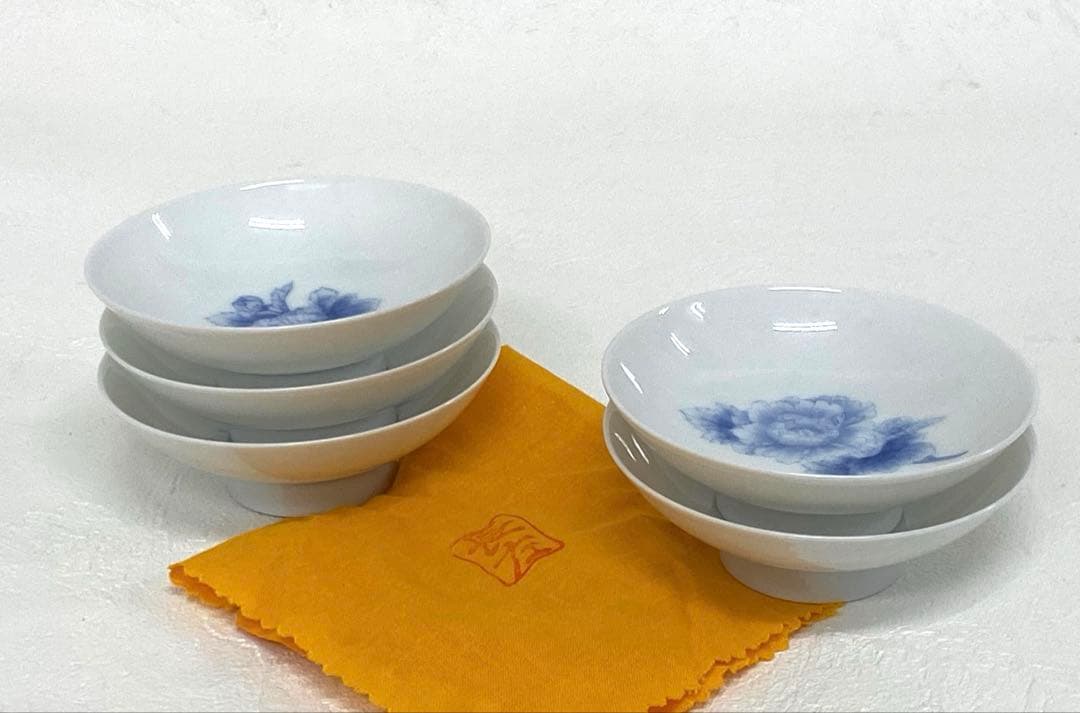 九谷焼 山本長左 染付絵変草花 平盃 盃 酒器 5枚 食器