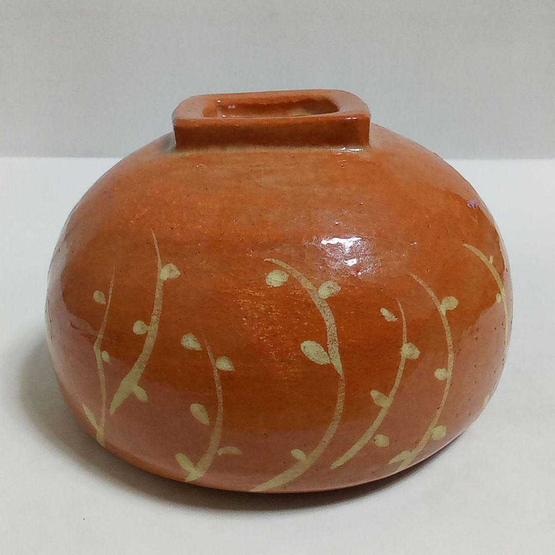 抹茶茶碗　桃型赤楽　了入「桃柳」写し　吉村楽入