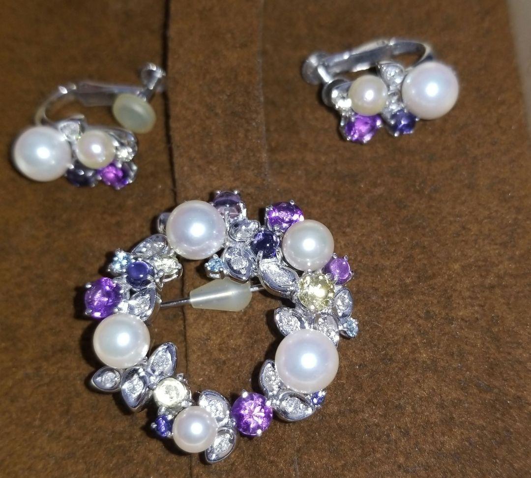 金K18WG 真珠と天然石とダイヤのブローチ・イヤリングセット