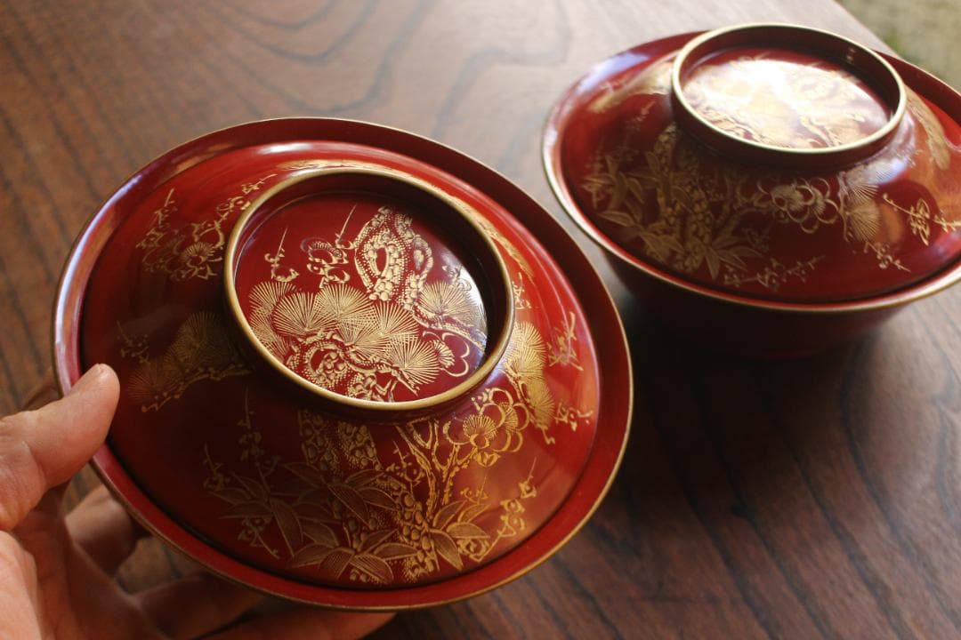 デッドストック！時代金縁朱漆に極上松竹梅沈金の映える大椀2点（検輪島塗雑煮椀