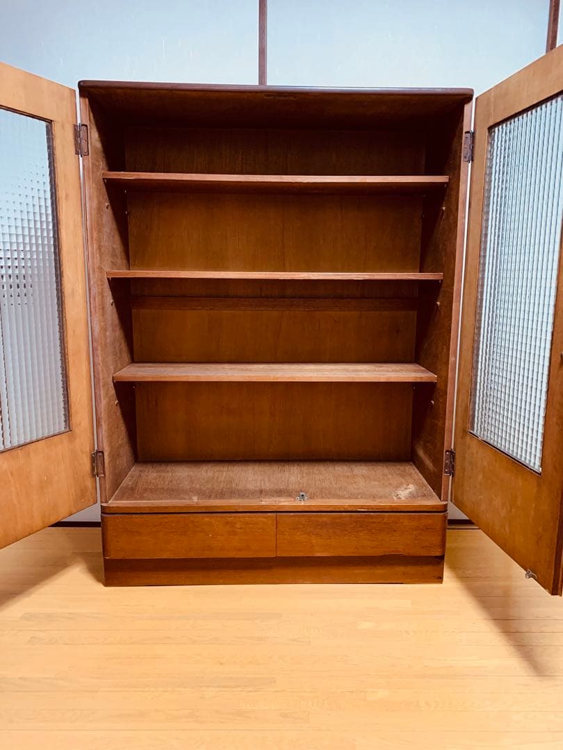 昭和 レトロ アンティーク チェッカーガラス キャビネット 本棚