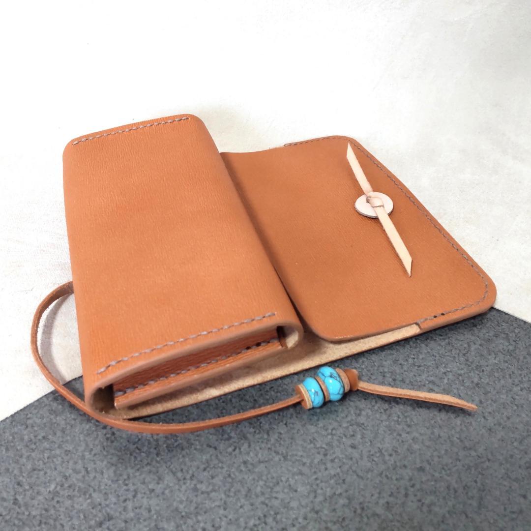 三つ折りシャグポーチ牛革（ペールオレンジ） コンチョ紐止め【T-04】