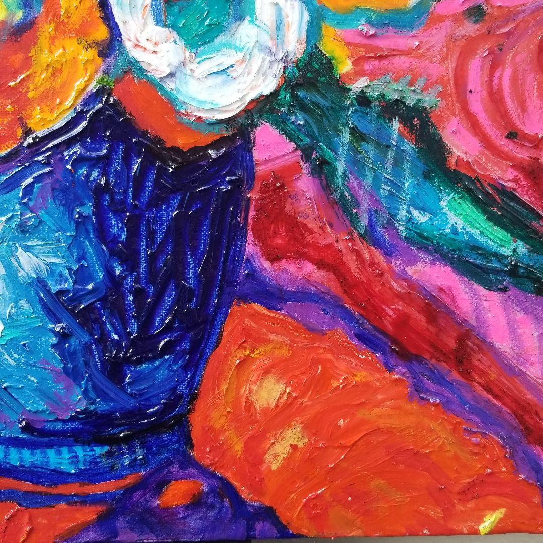 油絵　専用　赤いテーブルに置いた花瓶 　 抽象画