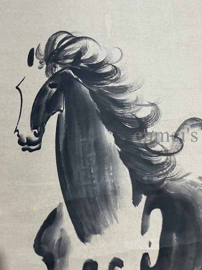 中国古美術 近代 徐悲鴻款 神馳画 掛け軸 宣紙 唐物 書画 馬の水墨画 肉筆